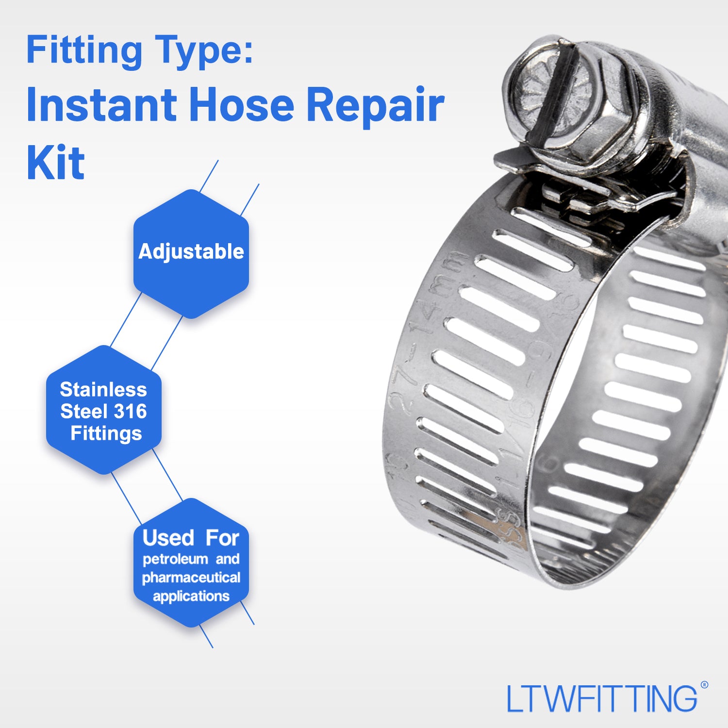 LTWFITTING 2 Sets Instant Hose Repair Kit 1/4 inch BSPT x 16mm ID SS316 Coupler with 14-27mm SS316 Clamp