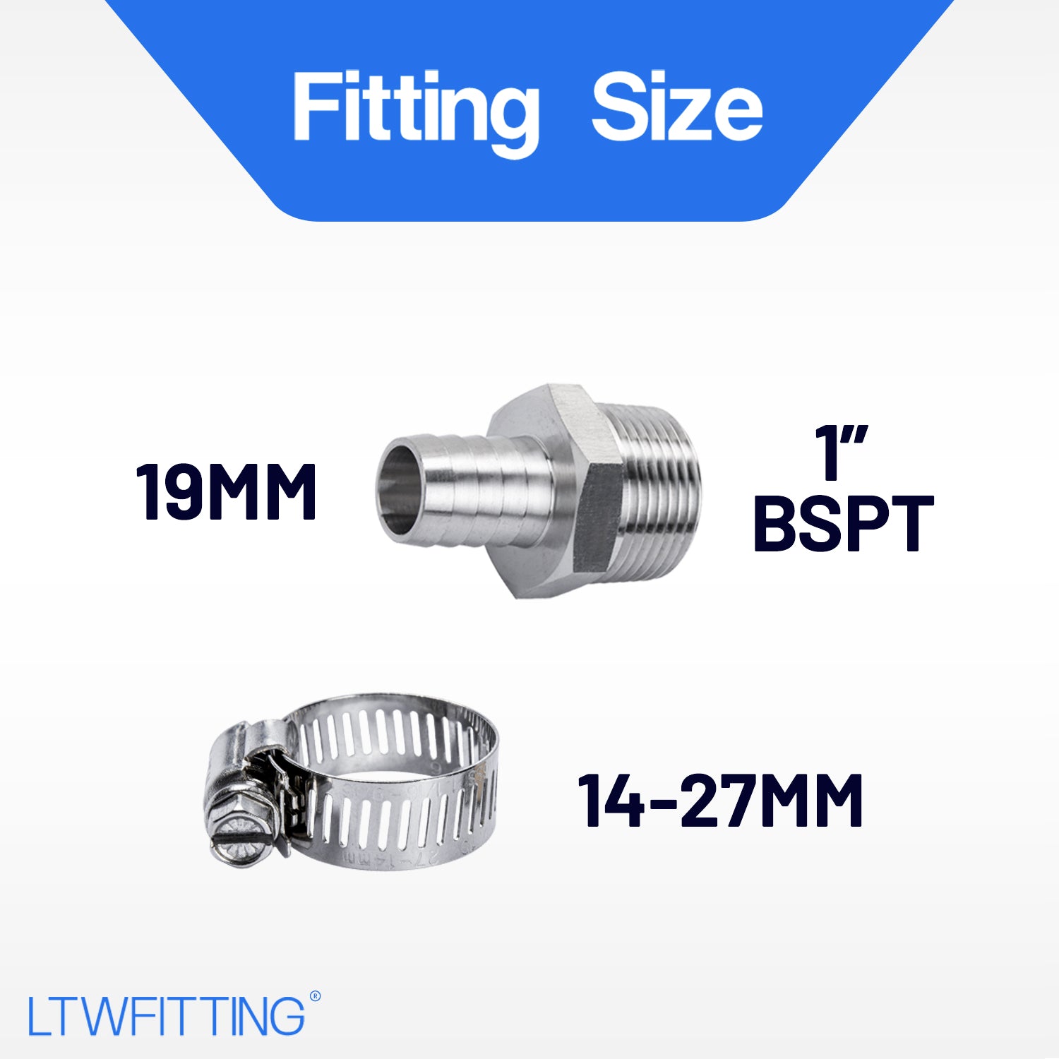 LTWFITTING 2 Sets Instant Hose Repair Kit 1 inch BSPT x 19mm ID SS316 Coupler with 14-27mm SS316 Clamp