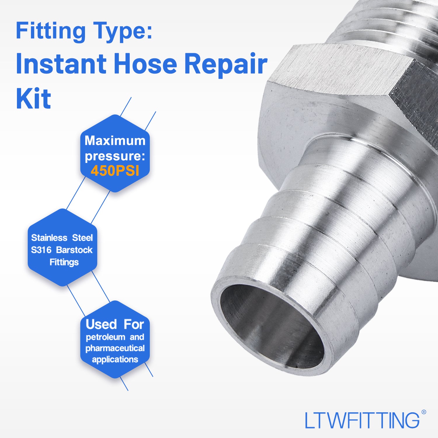 LTWFITTING 2 Sets Instant Hose Repair Kit 1 inch BSPT x 19mm ID SS316 Coupler with 14-27mm SS316 Clamp