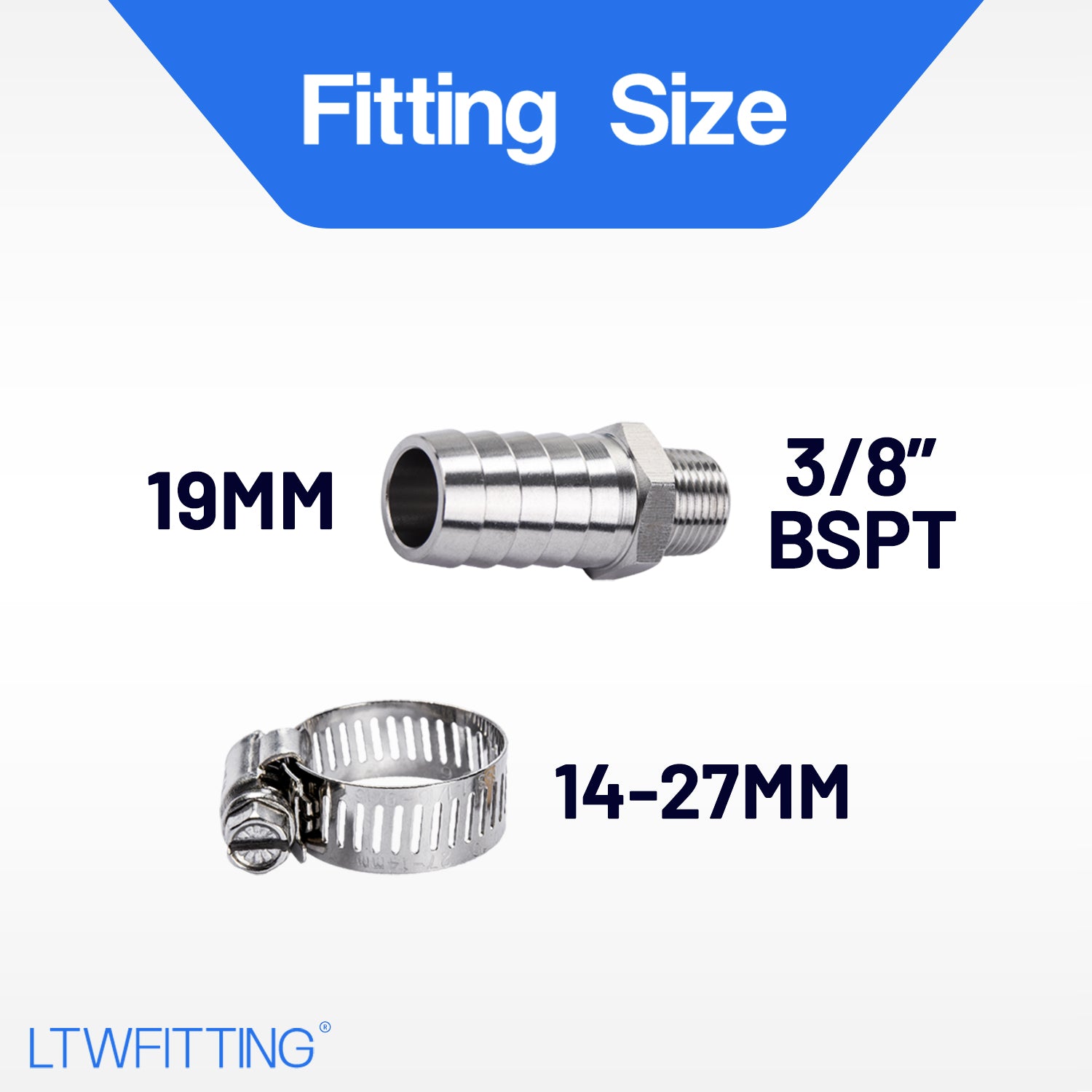 LTWFITTING 2 Sets Instant Hose Repair Kit 3/8 inch BSPT x 19mm ID SS316 Coupler with 14-27mm SS316 Clamp
