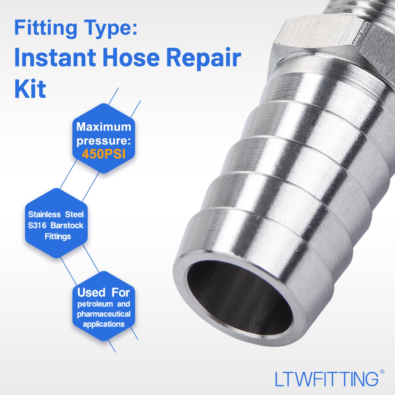 LTWFITTING 2 Sets Instant Hose Repair Kit 3/8 inch BSPT x 19mm ID SS316 Coupler with 14-27mm SS316 Clamp