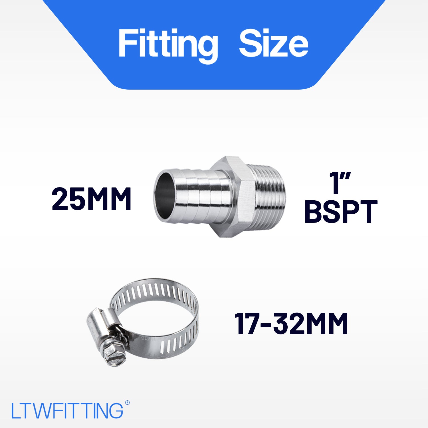 LTWFITTING 2 Sets Instant Hose Repair Kit 1 inch BSPT x 25mm ID SS316 Coupler with 17-32mm SS316 Clamp