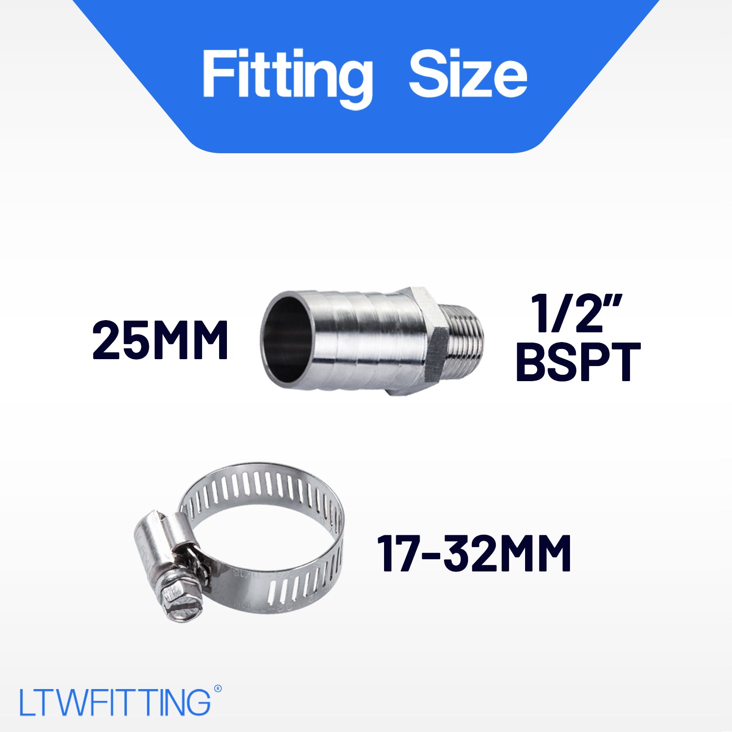 LTWFITTING 2 Sets Instant Hose Repair Kit 1/2 inch BSPT x 25mm ID SS316 Coupler with 17-32mm SS316 Clamp