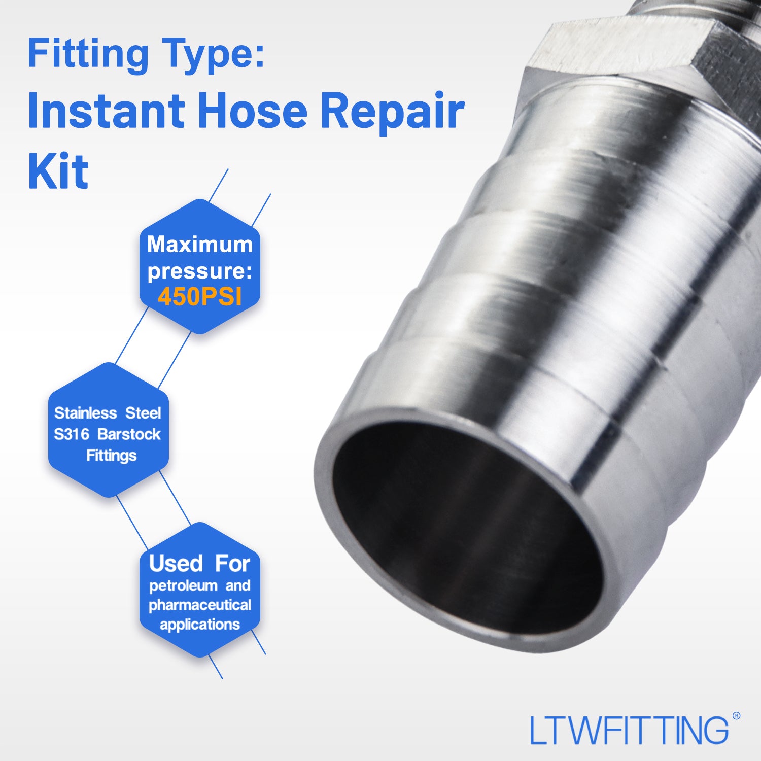 LTWFITTING 2 Sets Instant Hose Repair Kit 1/2 inch BSPT x 25mm ID SS316 Coupler with 17-32mm SS316 Clamp