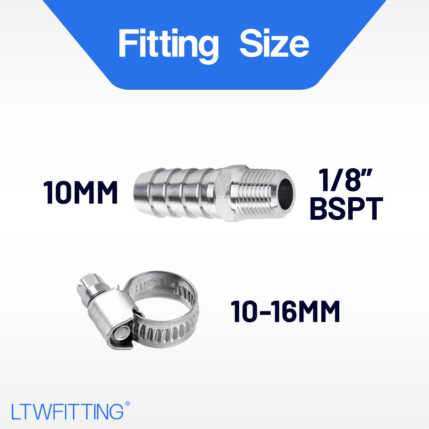 LTWFITTING 2 Sets Instant Hose Repair Kit 1/8 inch BSPT x 10mm ID SS316 Coupler with 10-16mm SS316 Clamp