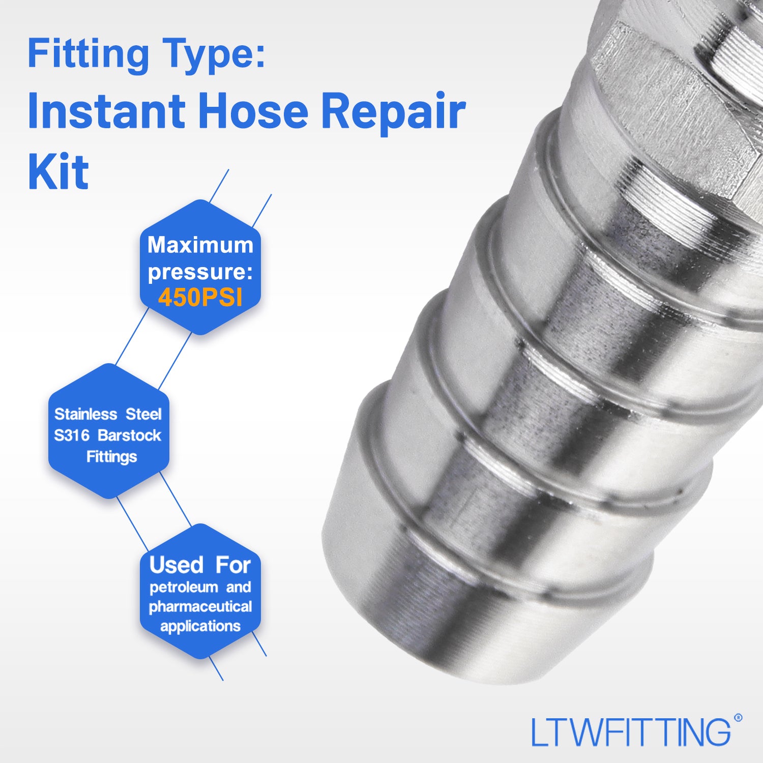 LTWFITTING 2 Sets Instant Hose Repair Kit 1/8 inch BSPT x 10mm ID SS316 Coupler with 10-16mm SS316 Clamp