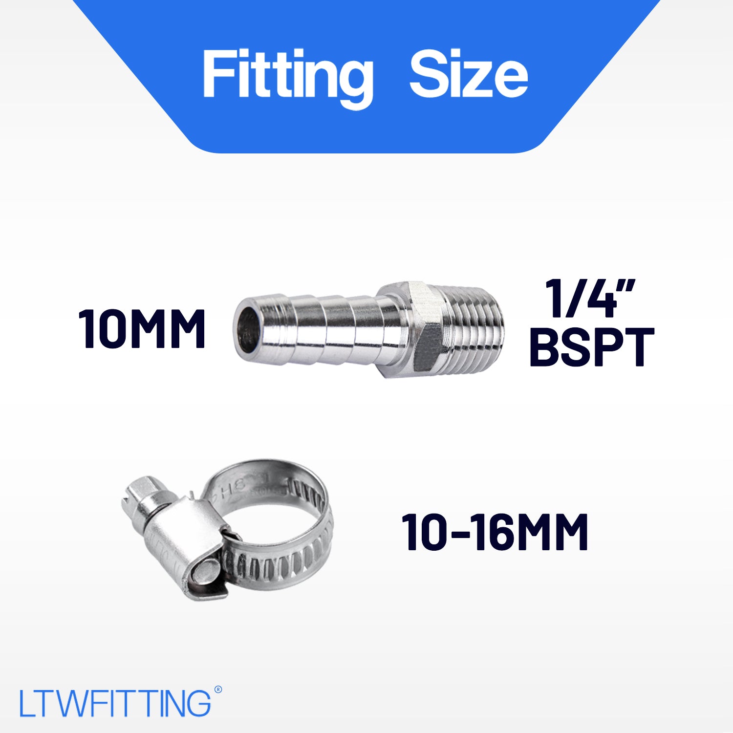 LTWFITTING 2 Sets Instant Hose Repair Kit 1/4 inch BSPT x 10mm ID SS316 Coupler with 10-16mm SS316 Clamp