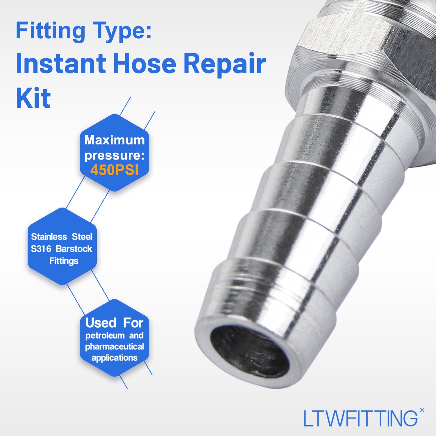 LTWFITTING 2 Sets Instant Hose Repair Kit 1/4 inch BSPT x 10mm ID SS316 Coupler with 10-16mm SS316 Clamp