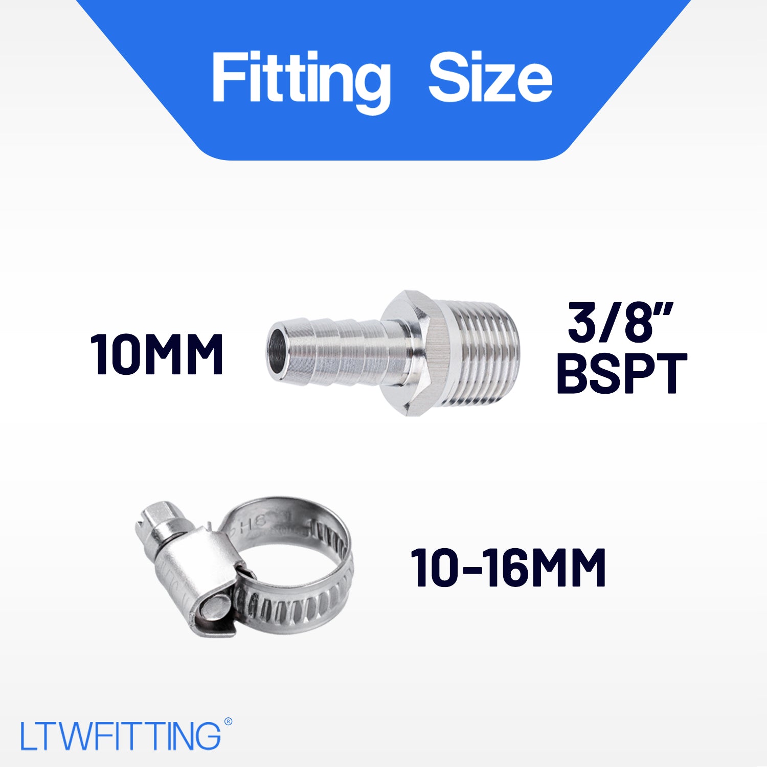 LTWFITTING 2 Sets Instant Hose Repair Kit 3/8 inch BSPT x 10mm ID SS316 Coupler with 10-16mm SS316 Clamp
