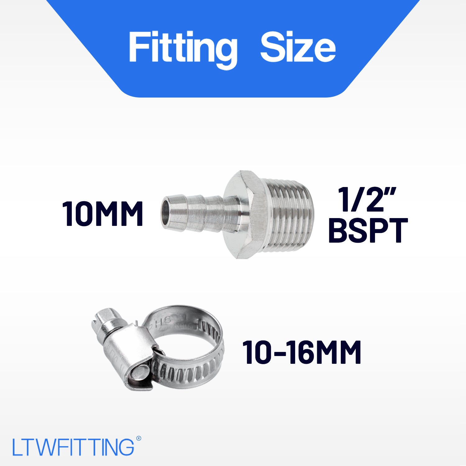 LTWFITTING 2 Sets Instant Hose Repair Kit 1/2 inch BSPT x 10mm ID SS316 Coupler with 10-16mm SS316 Clamp