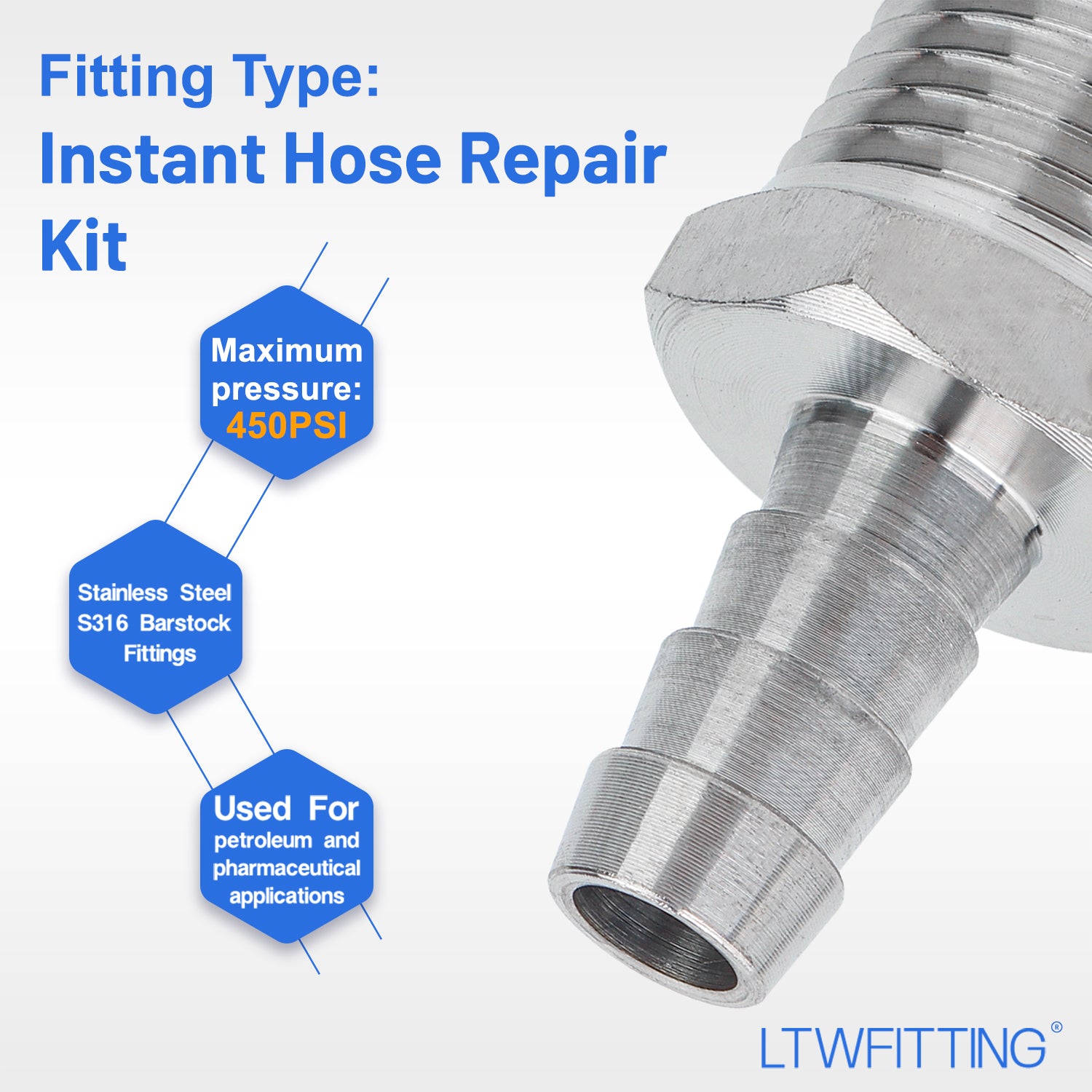 LTWFITTING 2 Sets Instant Hose Repair Kit 1/2 inch BSPT x 10mm ID SS316 Coupler with 10-16mm SS316 Clamp