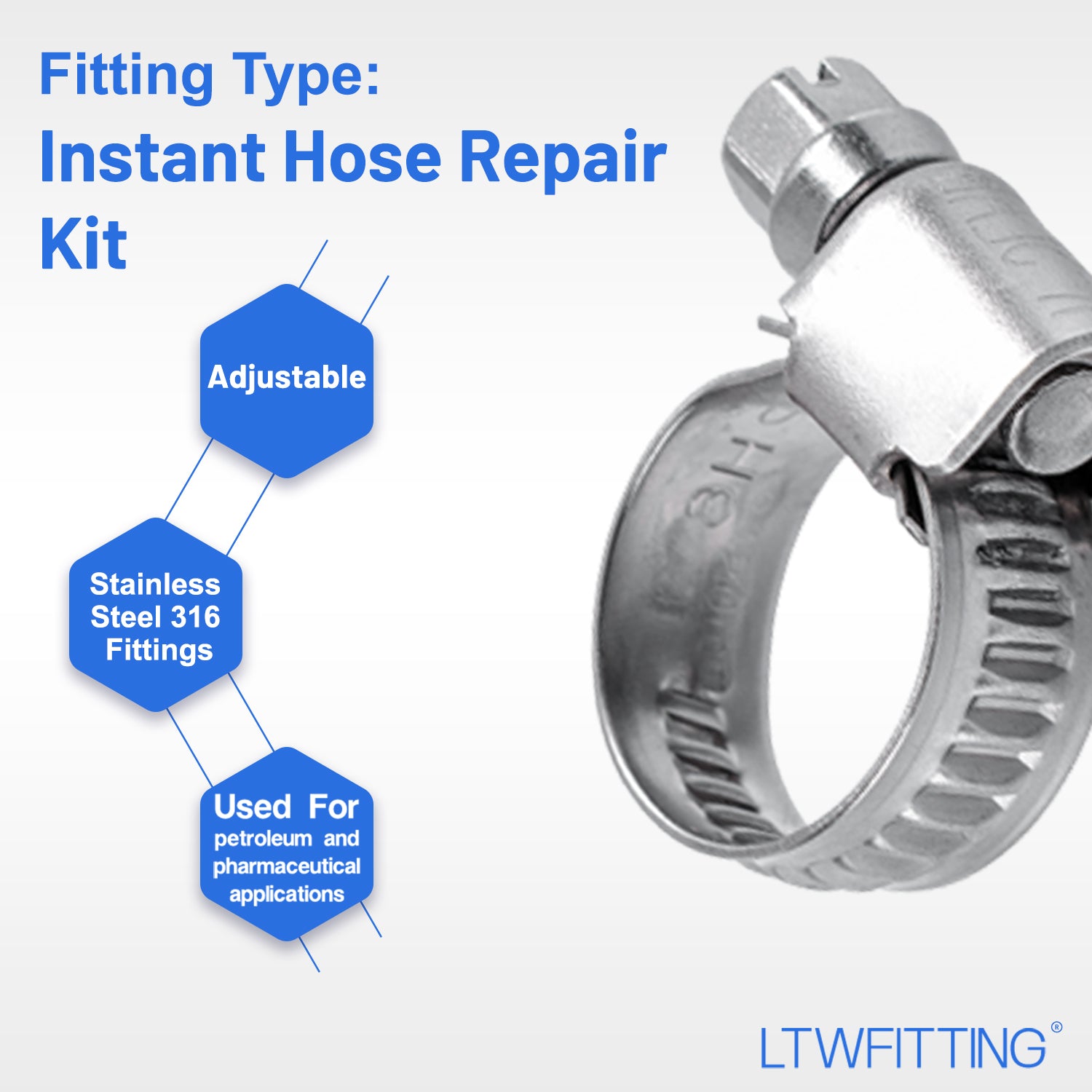 LTWFITTING 2 Sets Instant Hose Repair Kit 1/2 inch BSPT x 10mm ID SS316 Coupler with 10-16mm SS316 Clamp