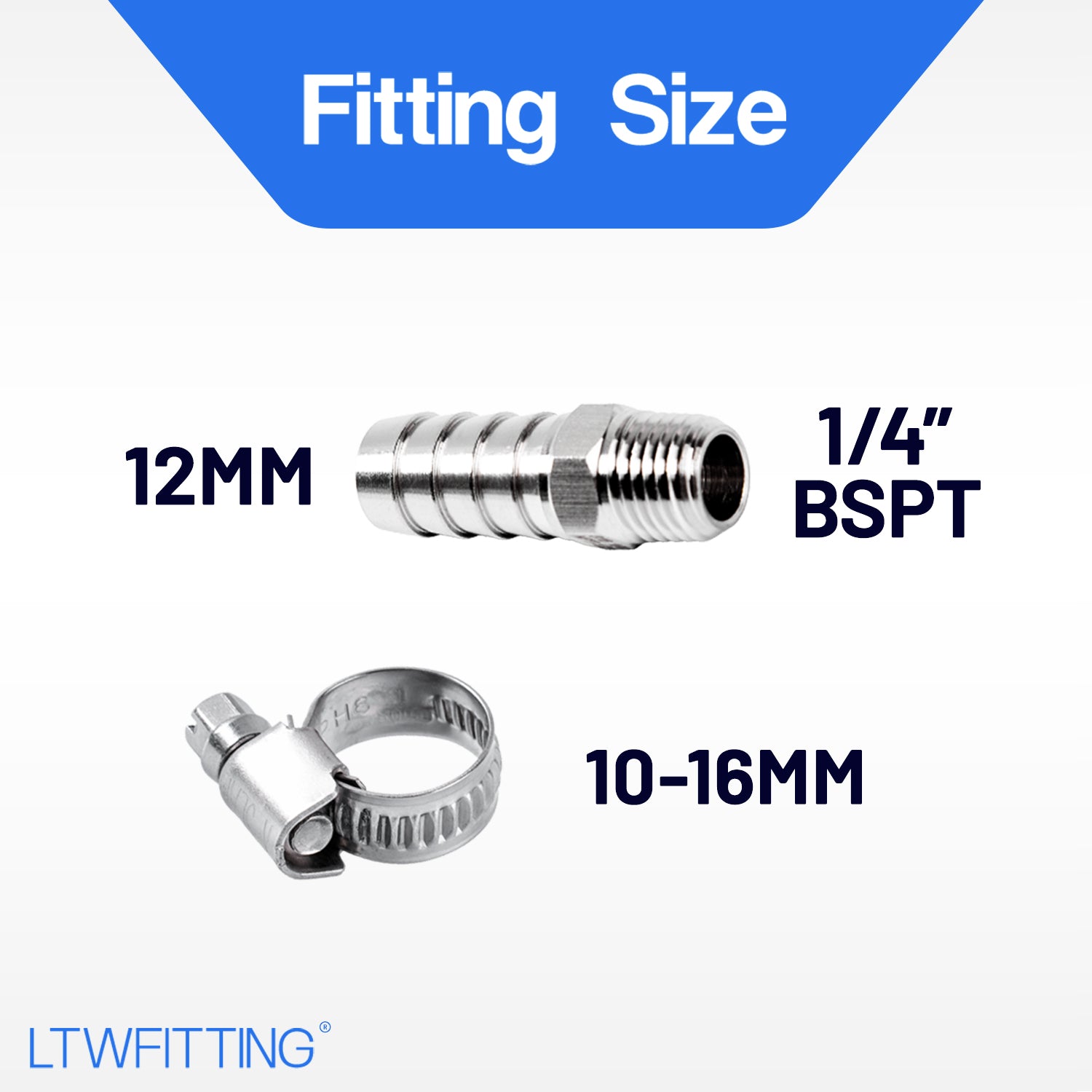 LTWFITTING 2 Sets Instant Hose Repair Kit 1/4 inch BSPT x 12mm ID SS316 Coupler with 10-16mm SS316 Clamp