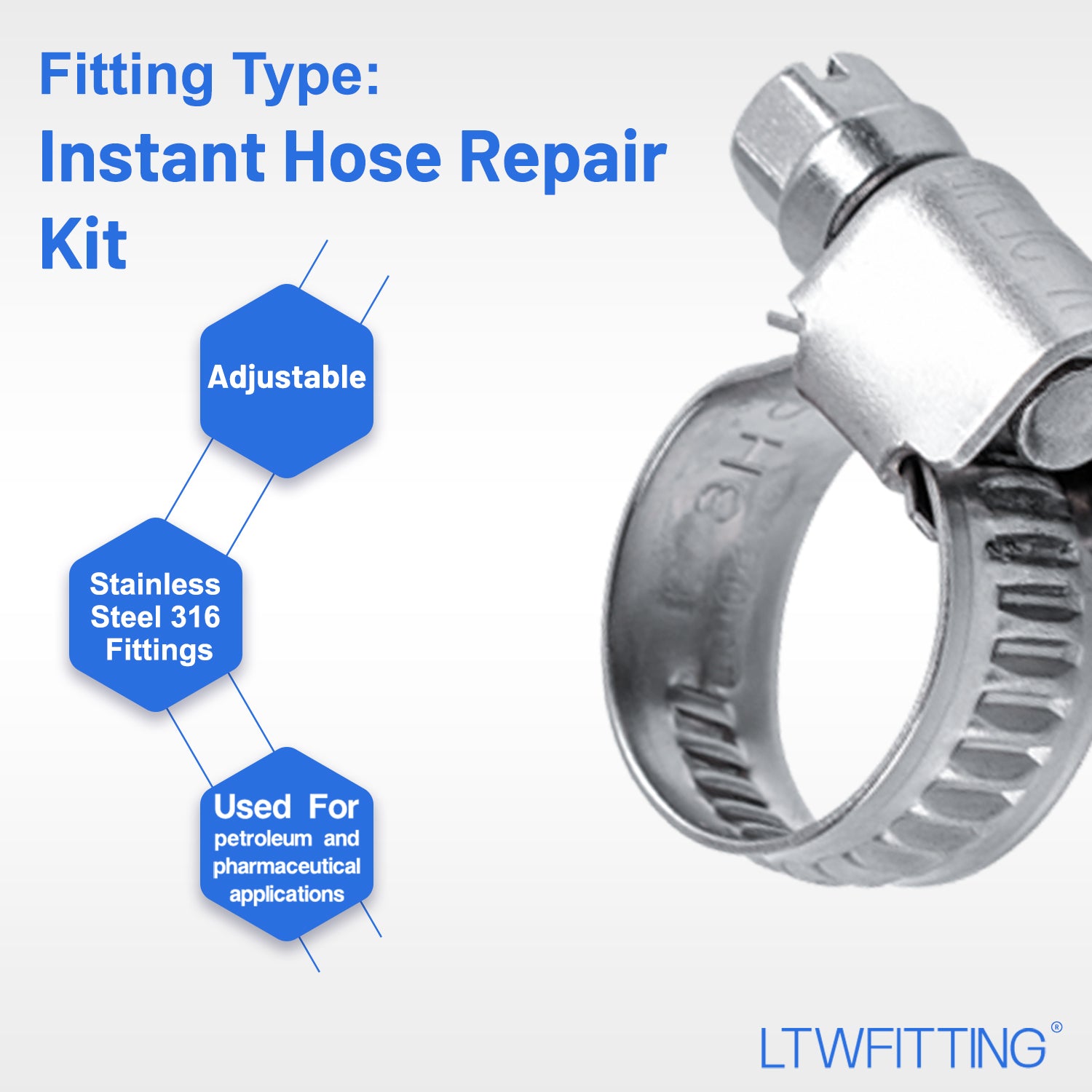 LTWFITTING 2 Sets Instant Hose Repair Kit 1/4 inch BSPT x 12mm ID SS316 Coupler with 10-16mm SS316 Clamp