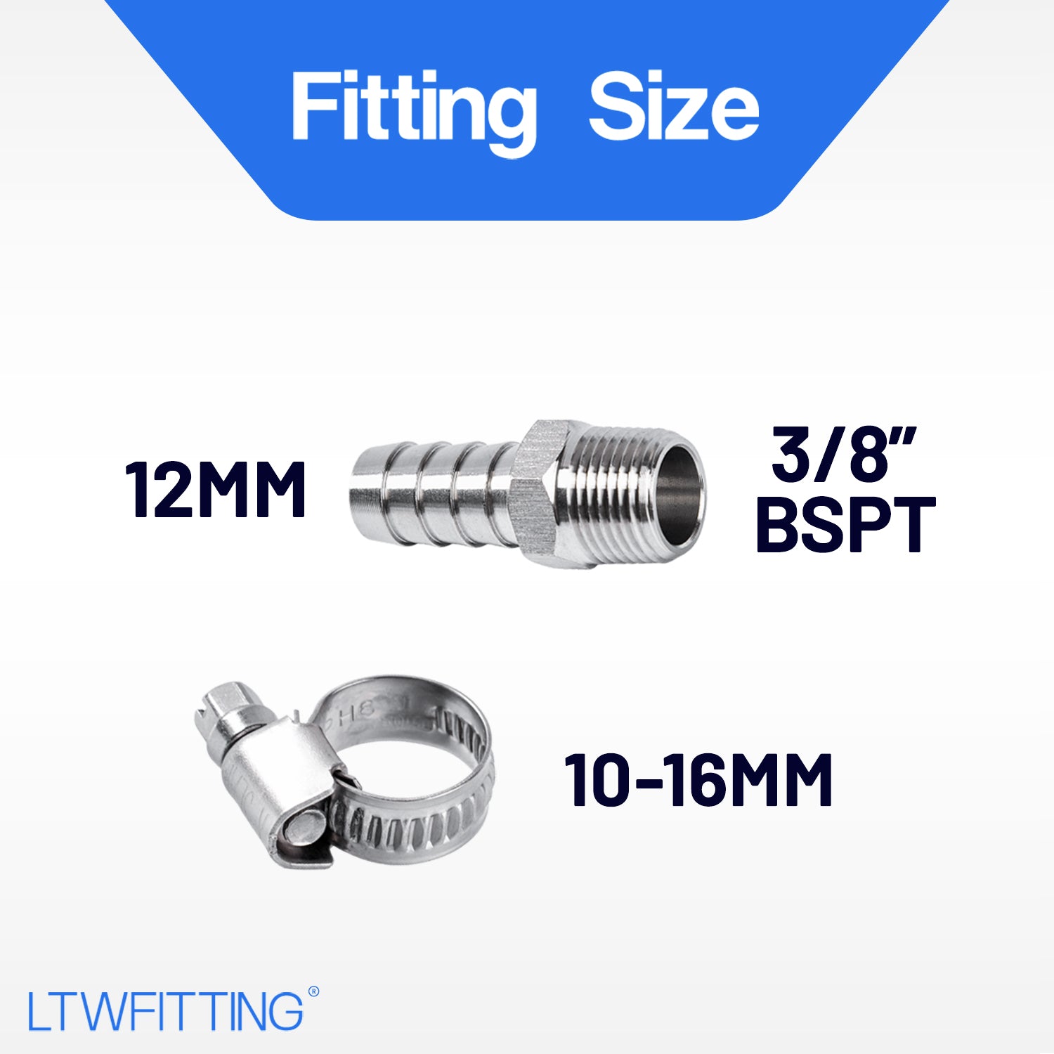 LTWFITTING 2 Sets Instant Hose Repair Kit 3/8 inch BSPT x 12mm ID SS316 Coupler with 10-16mm SS316 Clamp