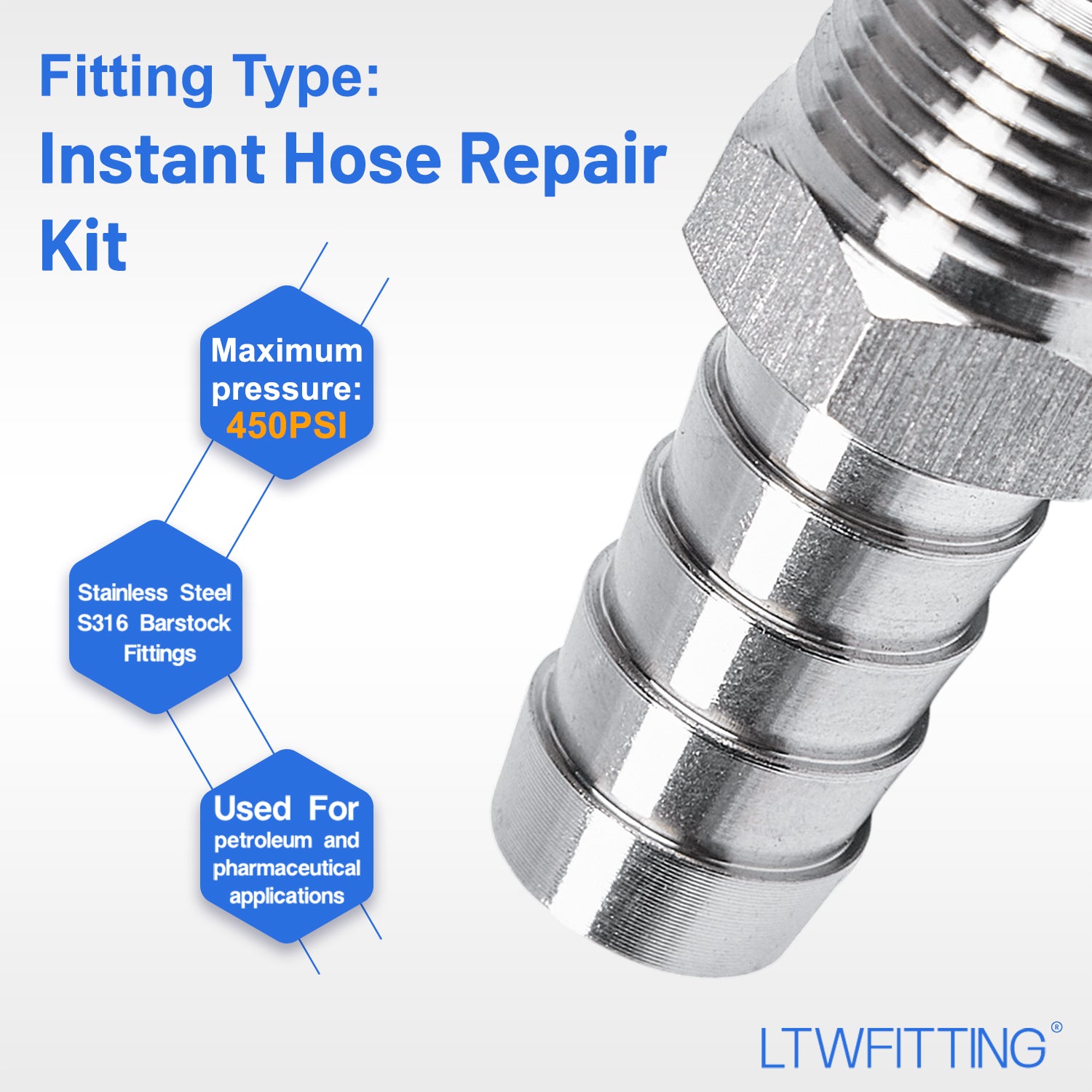 LTWFITTING 2 Sets Instant Hose Repair Kit 3/8 inch BSPT x 12mm ID SS316 Coupler with 10-16mm SS316 Clamp