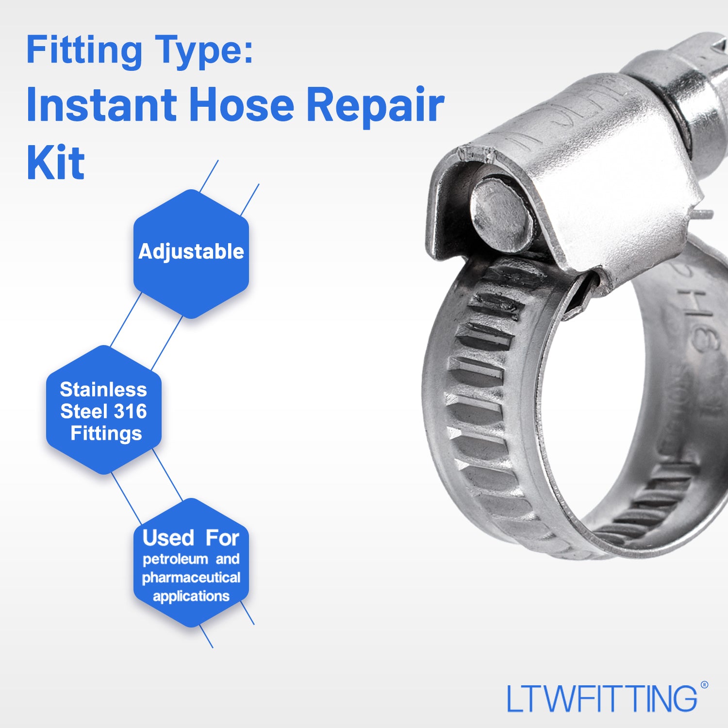 LTWFITTING 2 Sets Instant Hose Repair Kit 3/8 inch BSPT x 12mm ID SS316 Coupler with 10-16mm SS316 Clamp