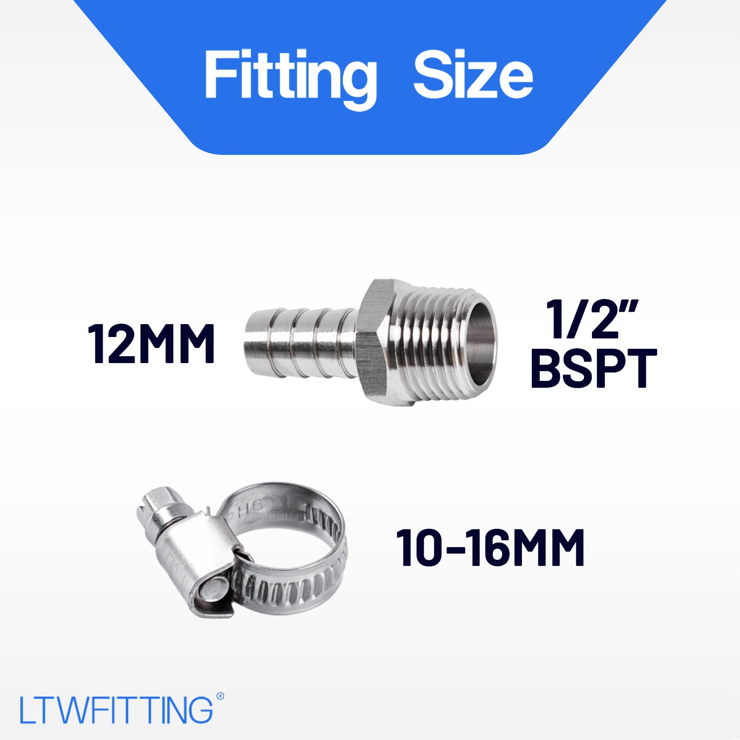 LTWFITTING 2 Sets Instant Hose Repair Kit 1/2 inch BSPT x 12mm ID SS316 Coupler with 10-16mm SS316 Clamp