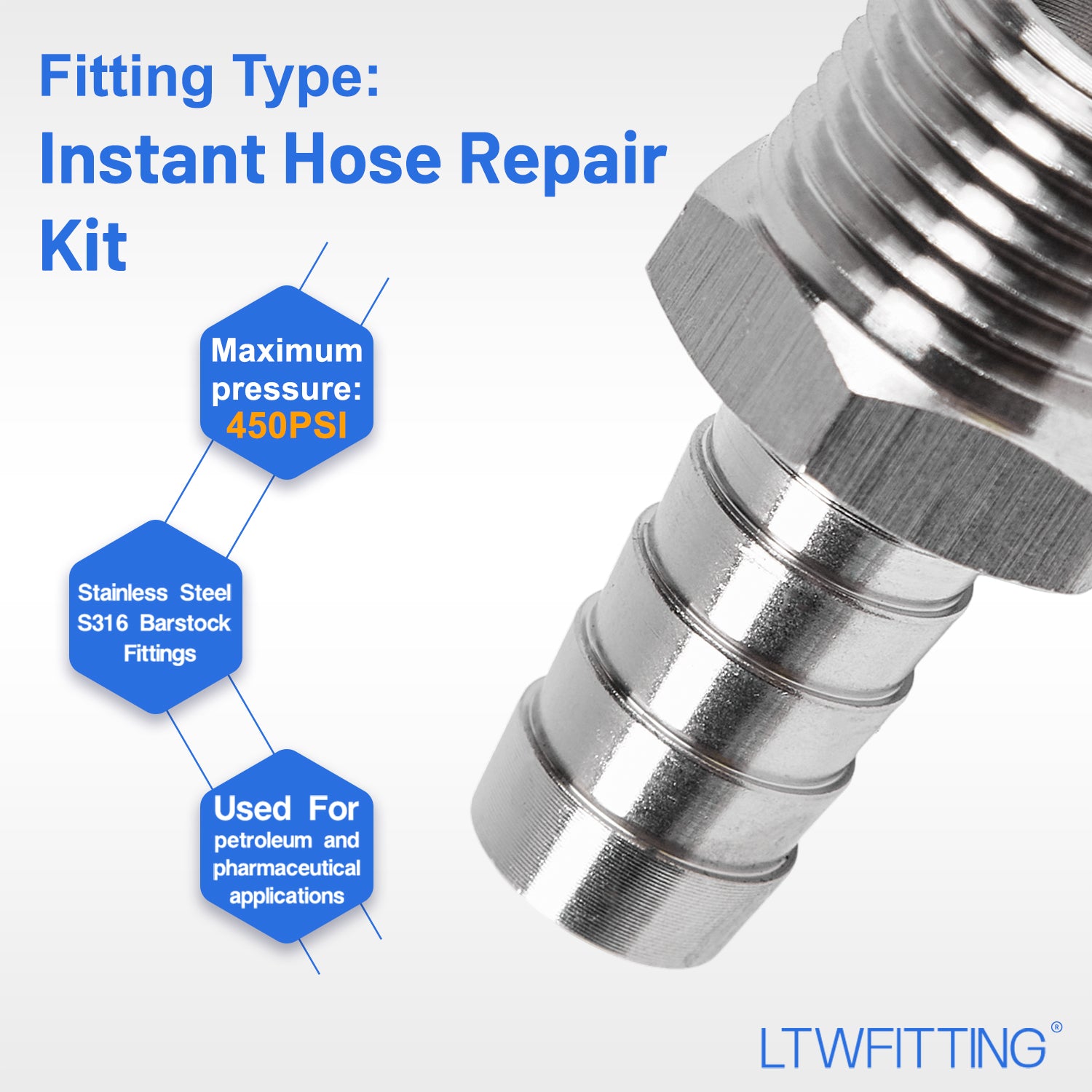 LTWFITTING 2 Sets Instant Hose Repair Kit 1/2 inch BSPT x 12mm ID SS316 Coupler with 10-16mm SS316 Clamp