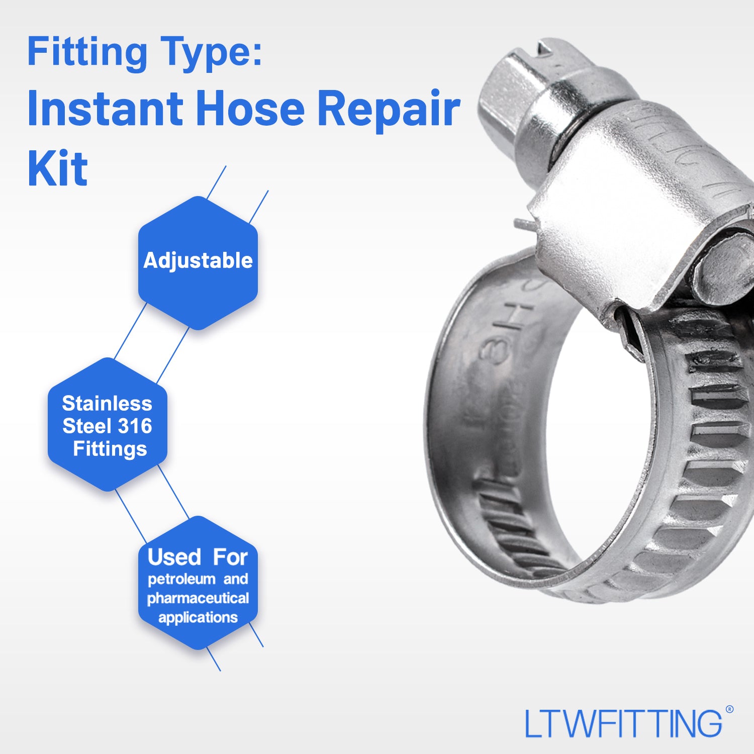 LTWFITTING 2 Sets Instant Hose Repair Kit 1/2 inch BSPT x 12mm ID SS316 Coupler with 10-16mm SS316 Clamp