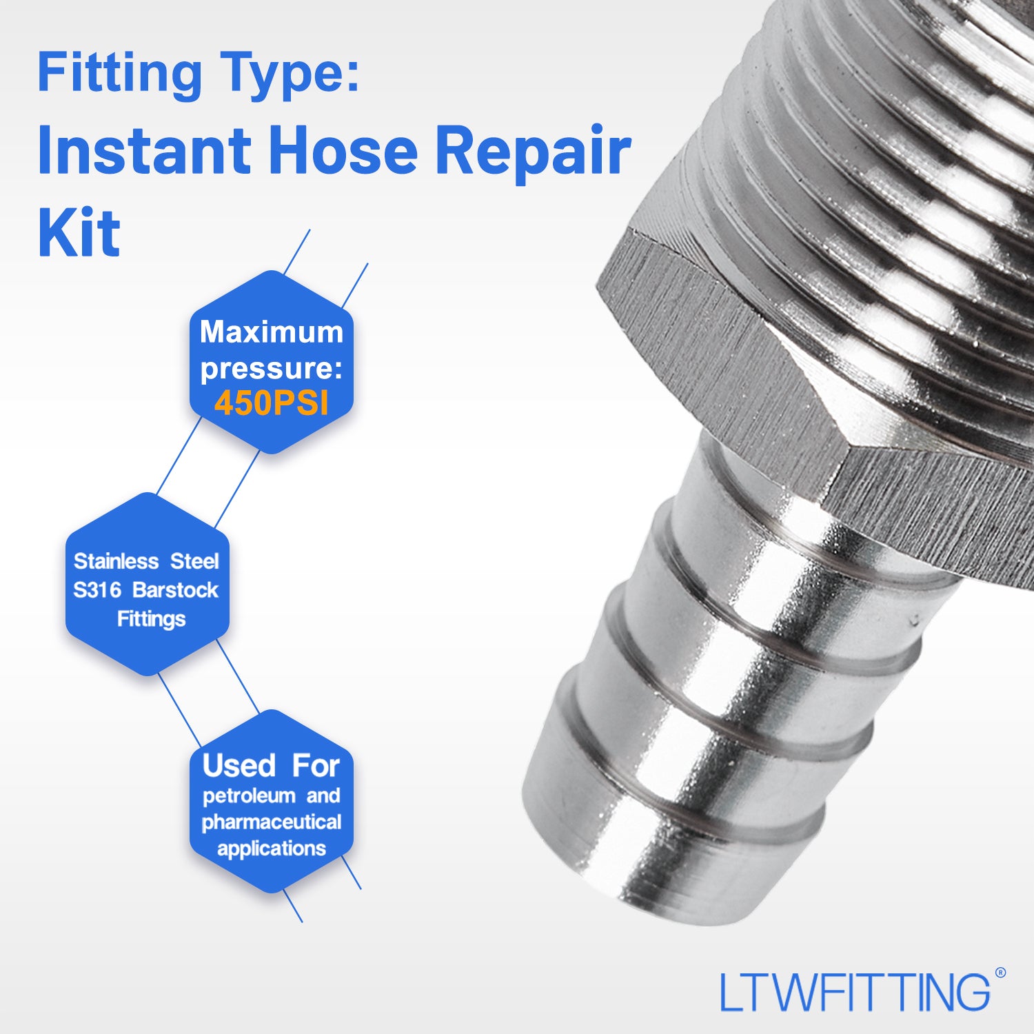 LTWFITTING 2 Sets Instant Hose Repair Kit 3/4 inch BSPT x 12mm ID SS316 Coupler with 10-16mm SS316 Clamp