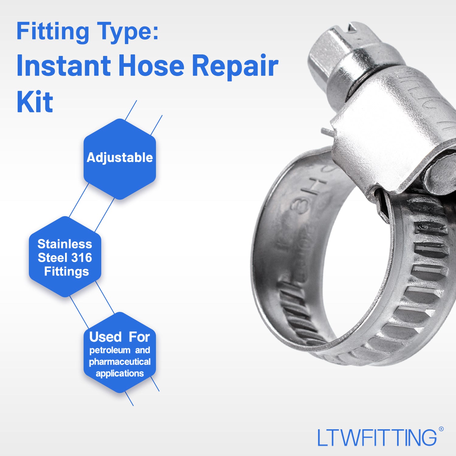 LTWFITTING 2 Sets Instant Hose Repair Kit 3/4 inch BSPT x 12mm ID SS316 Coupler with 10-16mm SS316 Clamp
