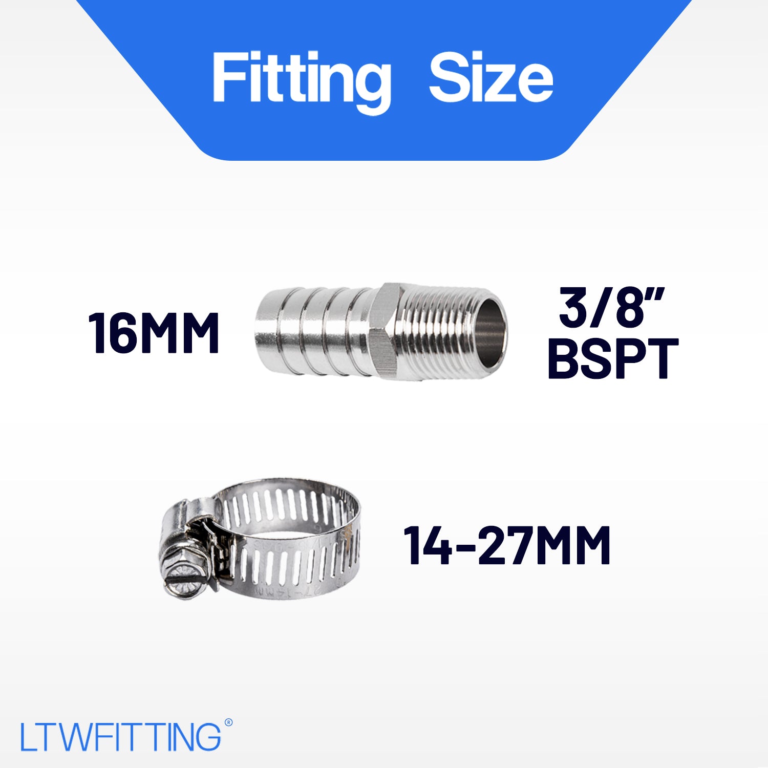 LTWFITTING 2 Sets Instant Hose Repair Kit 3/8 inch BSPT x 16mm ID SS316 Coupler with 14-27mm SS316 Clamp