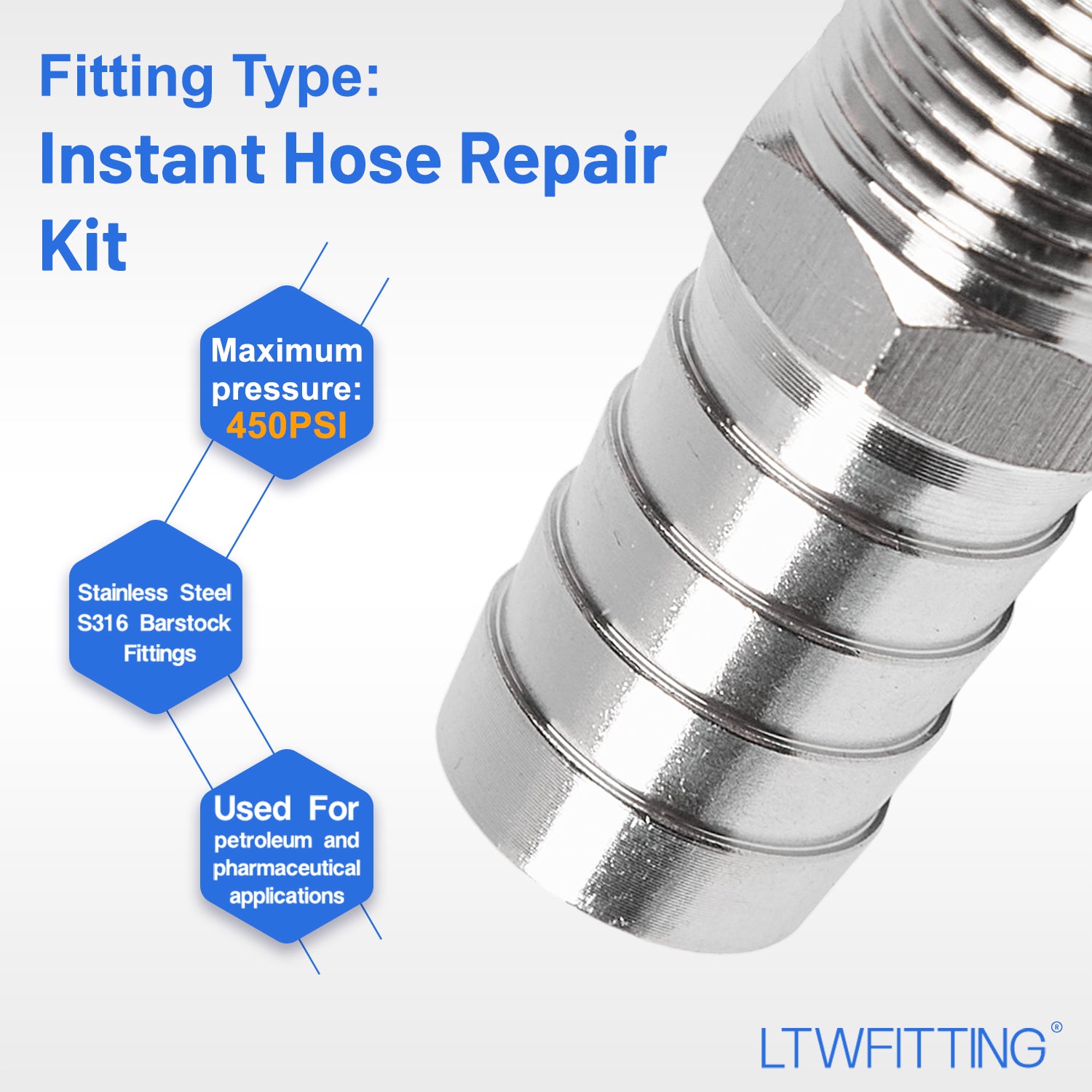 LTWFITTING 2 Sets Instant Hose Repair Kit 3/8 inch BSPT x 16mm ID SS316 Coupler with 14-27mm SS316 Clamp
