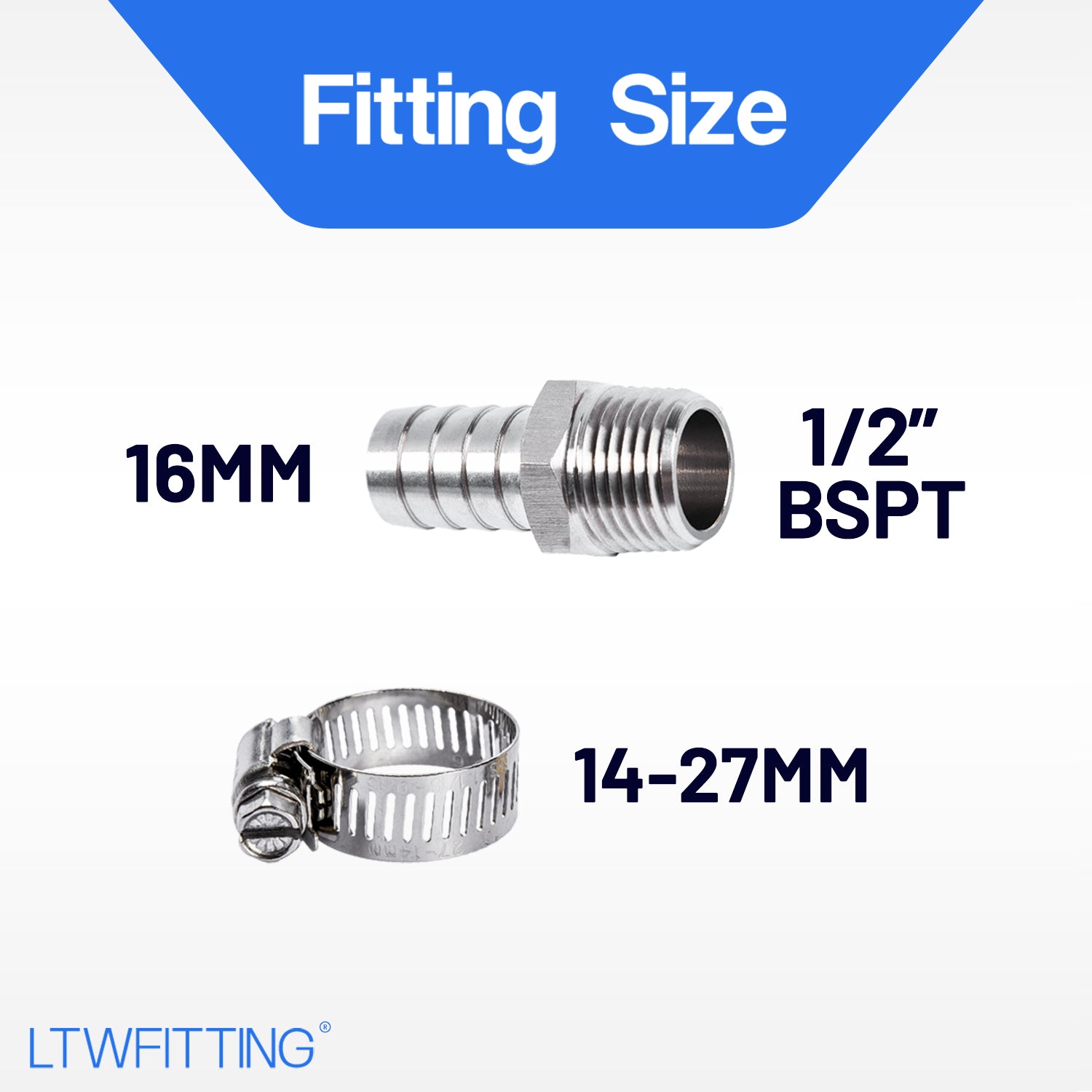 LTWFITTING 2 Sets Instant Hose Repair Kit 1/2 inch BSPT x 16mm ID SS316 Coupler with 14-27mm SS316 Clamp