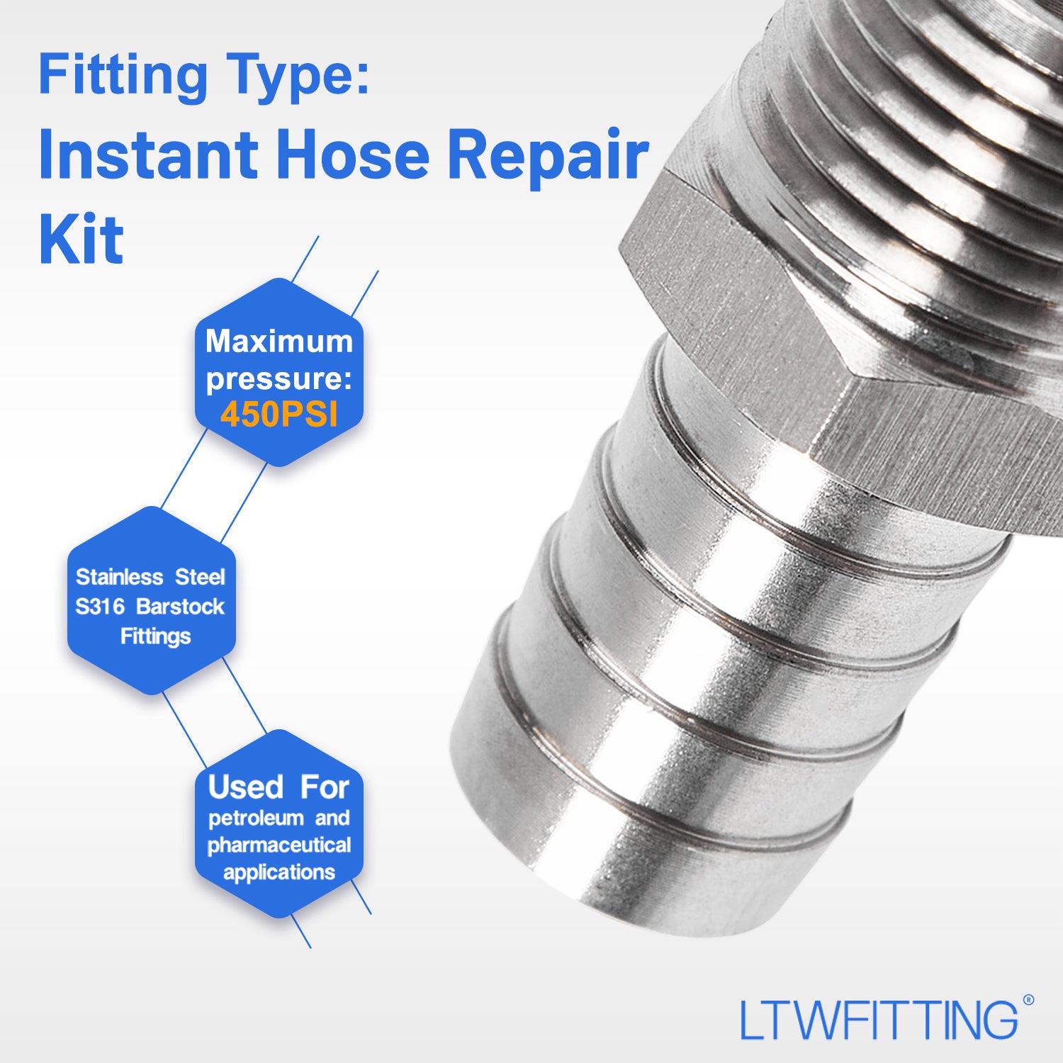 LTWFITTING 2 Sets Instant Hose Repair Kit 1/2 inch BSPT x 16mm ID SS316 Coupler with 14-27mm SS316 Clamp