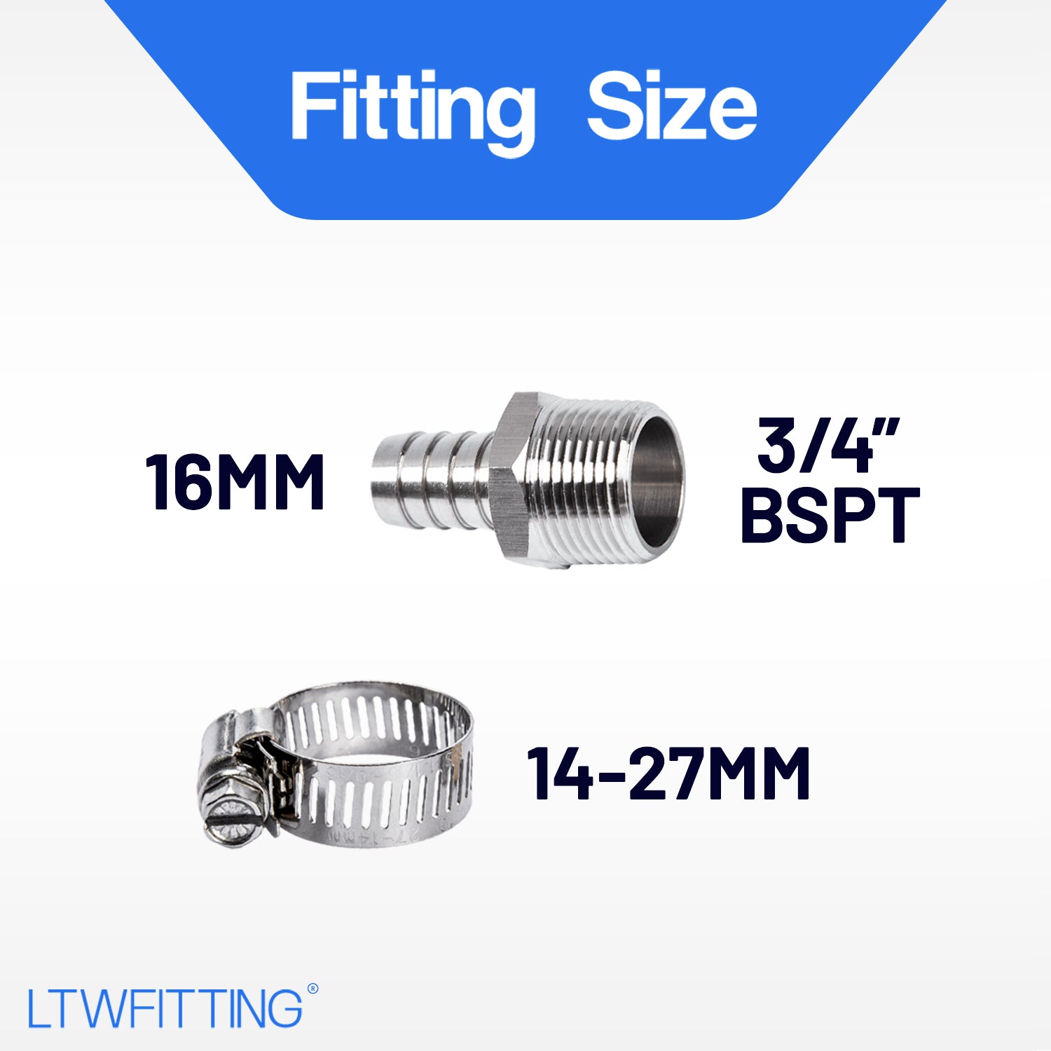 LTWFITTING 2 Sets Instant Hose Repair Kit 3/4 inch BSPT x 16mm ID SS316 Coupler with 14-27mm SS316 Clamp