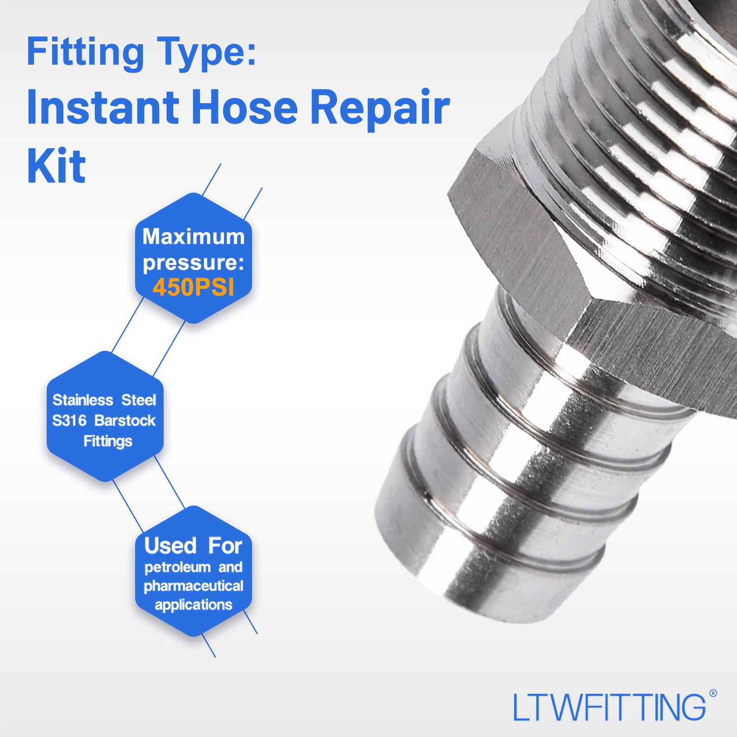 LTWFITTING 2 Sets Instant Hose Repair Kit 3/4 inch BSPT x 16mm ID SS316 Coupler with 14-27mm SS316 Clamp