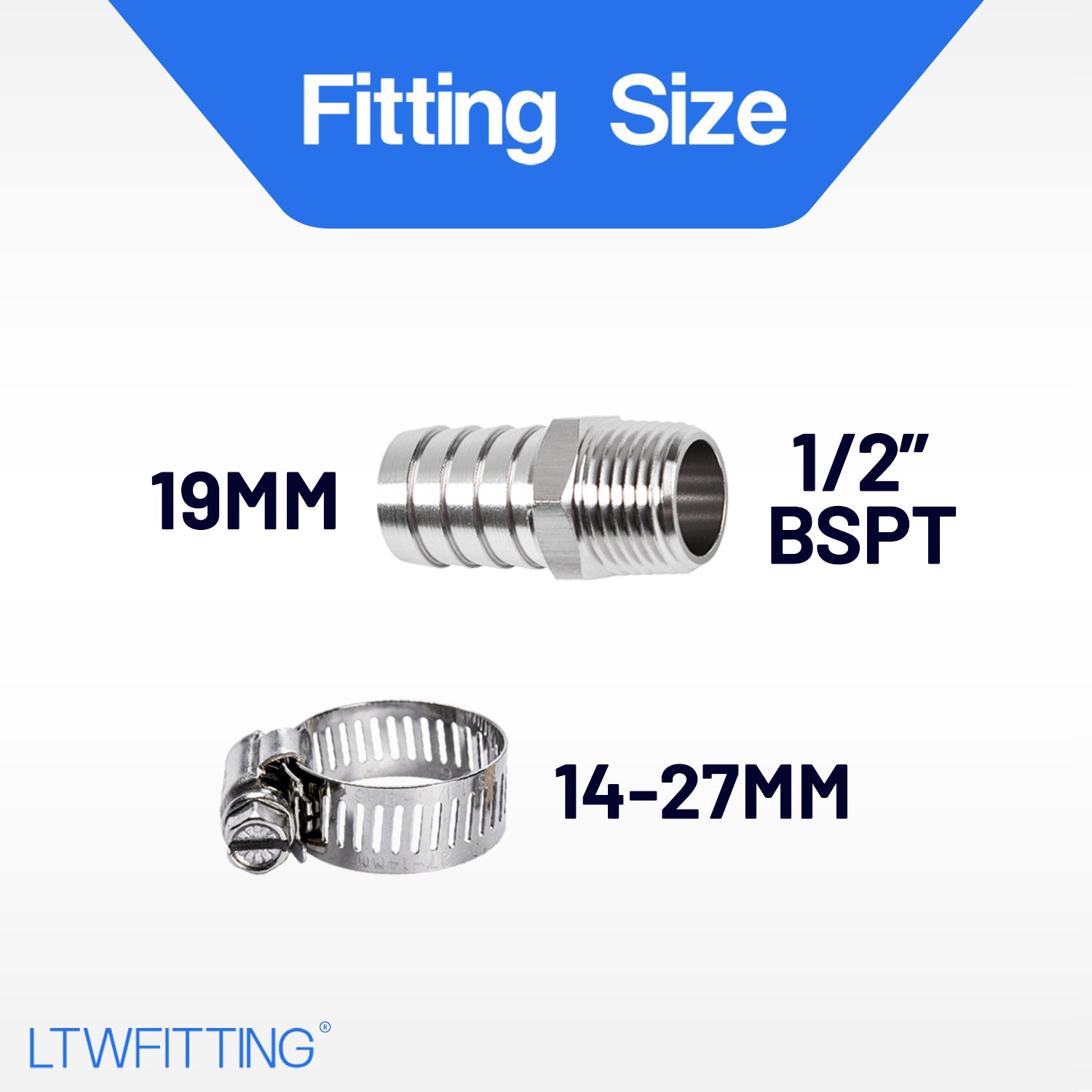 LTWFITTING 2 Sets Instant Hose Repair Kit 1/2 inch BSPT x 19mm ID SS316 Coupler with 14-27mm SS316 Clamp