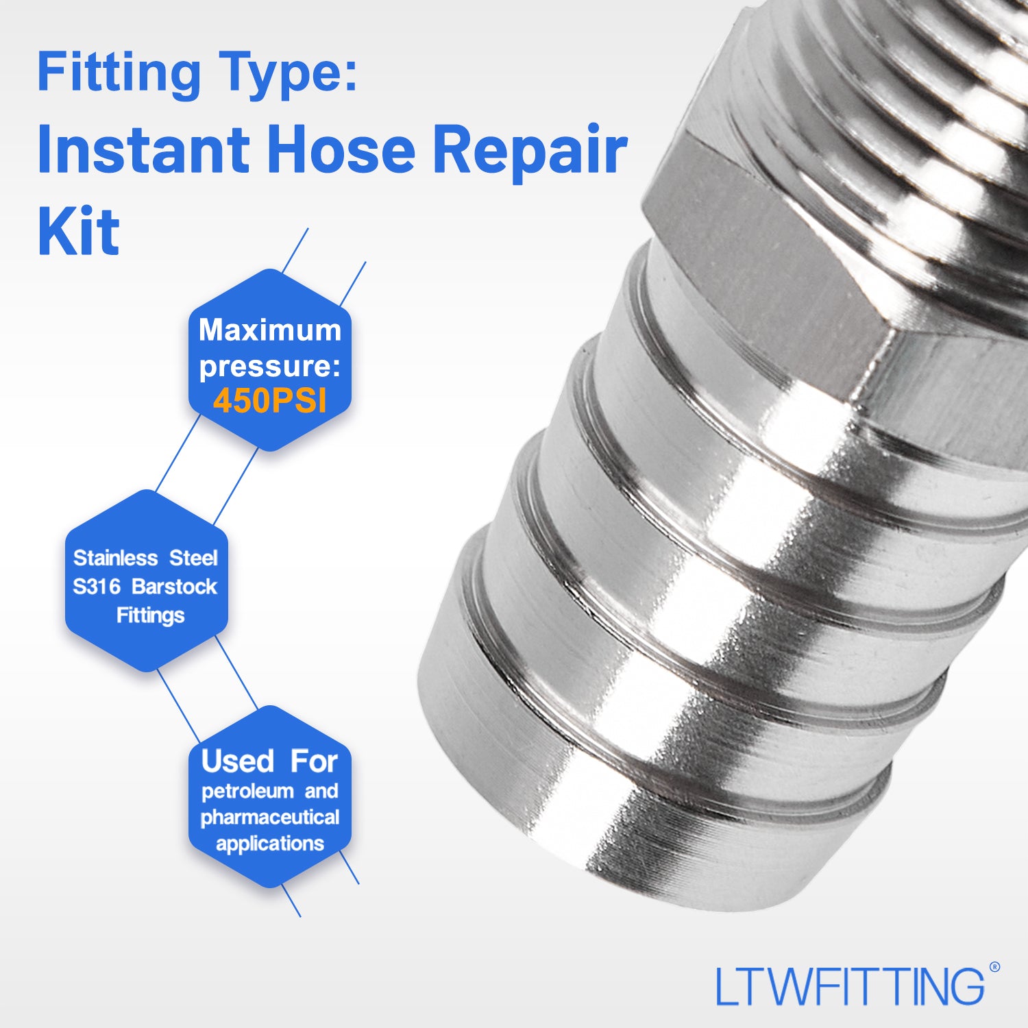 LTWFITTING 2 Sets Instant Hose Repair Kit 1/2 inch BSPT x 19mm ID SS316 Coupler with 14-27mm SS316 Clamp