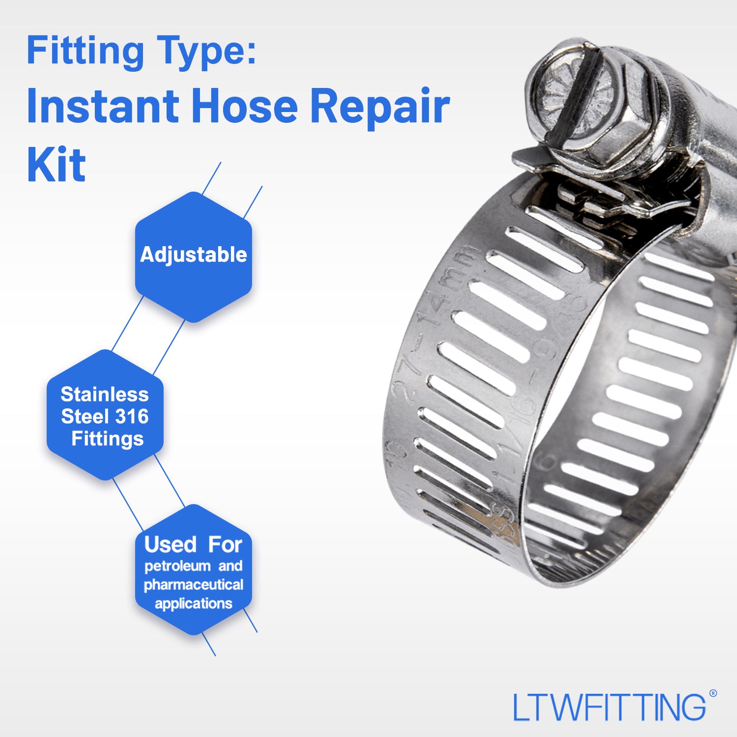 LTWFITTING 2 Sets Instant Hose Repair Kit 1/2 inch BSPT x 19mm ID SS316 Coupler with 14-27mm SS316 Clamp