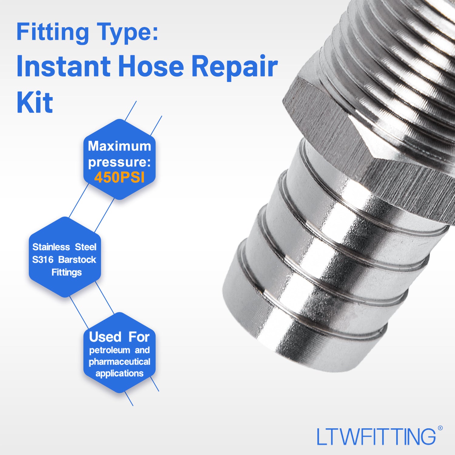 LTWFITTING 2 Sets Instant Hose Repair Kit 3/4 inch BSPT x 19mm ID SS316 Coupler with 14-27mm SS316 Clamp