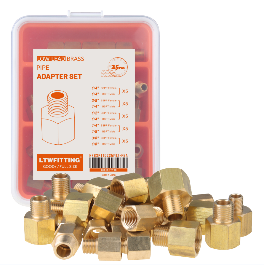 LTWFITTING-Assortment-Kit-1/4-Inch-to-1/2-Inch-Female-BSPP-x-1/8-Inch,-1/4-Inch-Male-BSPT-Brass-Pipe-Adapter-Set-Pack-of-25