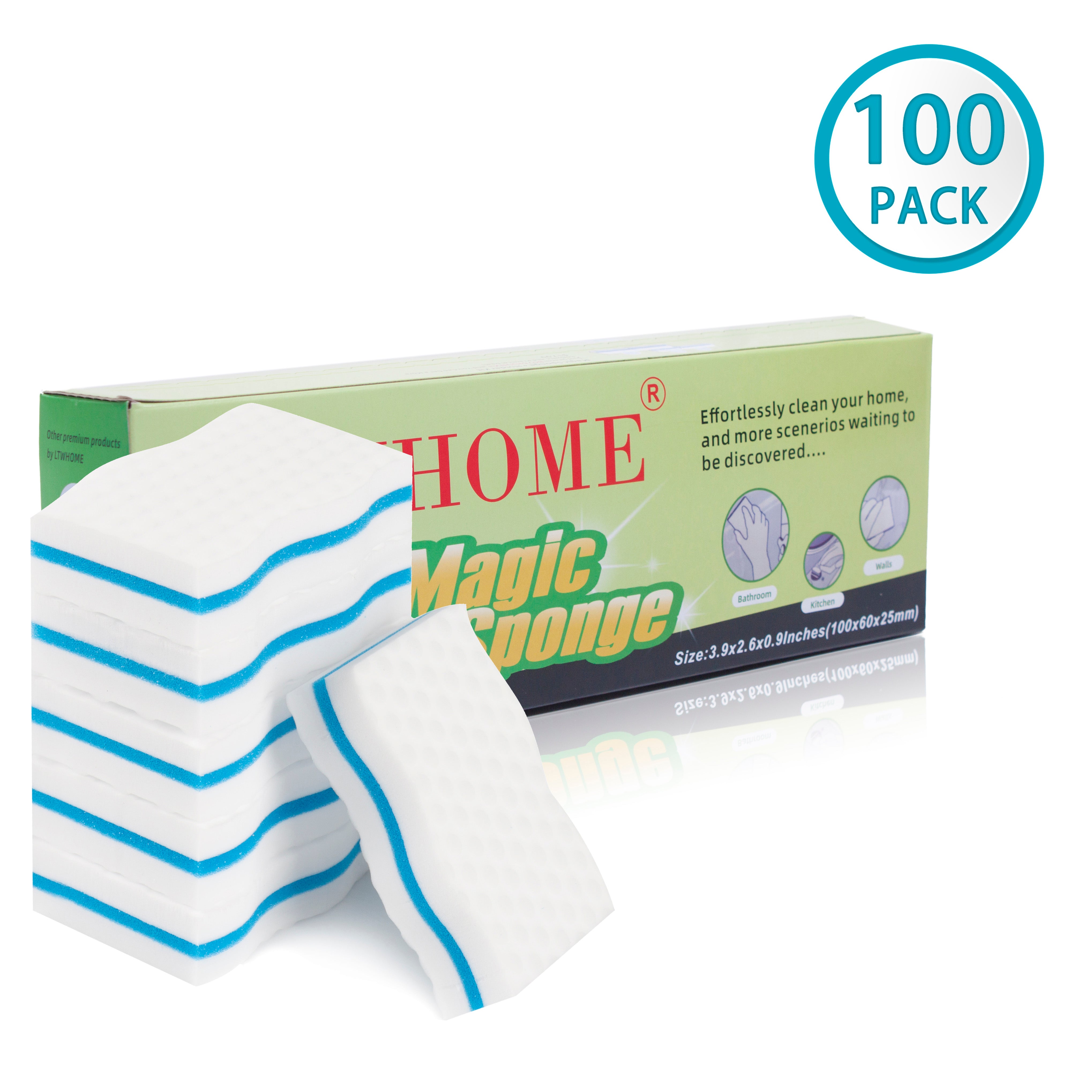 LTWHOME Bulk Pack 100-Pack Three-layer Extra Durable Wave Shape Magic Cleaning Sponge Eraser Multi-Functional Melamine Foam for Kitchen, Bathroom, Wall