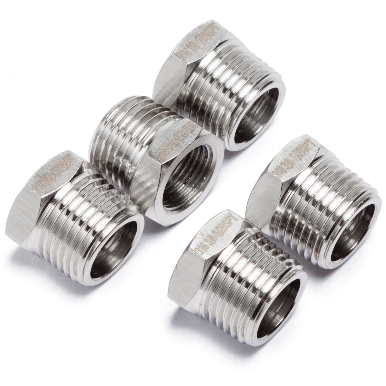 LTWFITTING Stainless Steel 316 Pipe Hex Bushing Reducer Fittings 1/2-Inch Male BSPT x 3/8-Inch Female BSPP (Pack of 5)